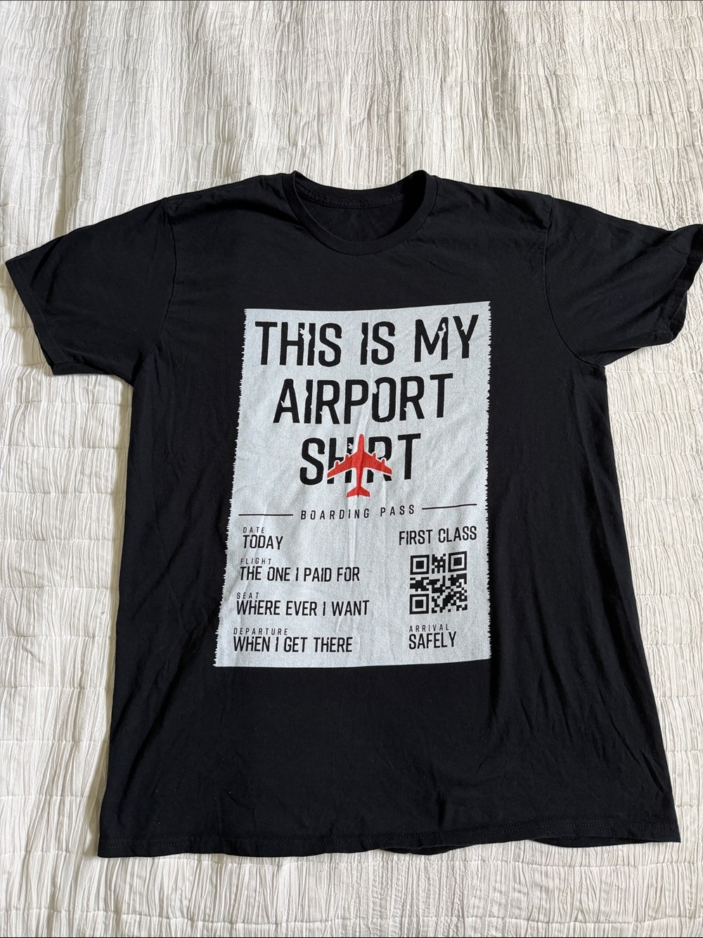 Black Tee with Boarding Pass Print/Plane “This Is My Airport Shirt”